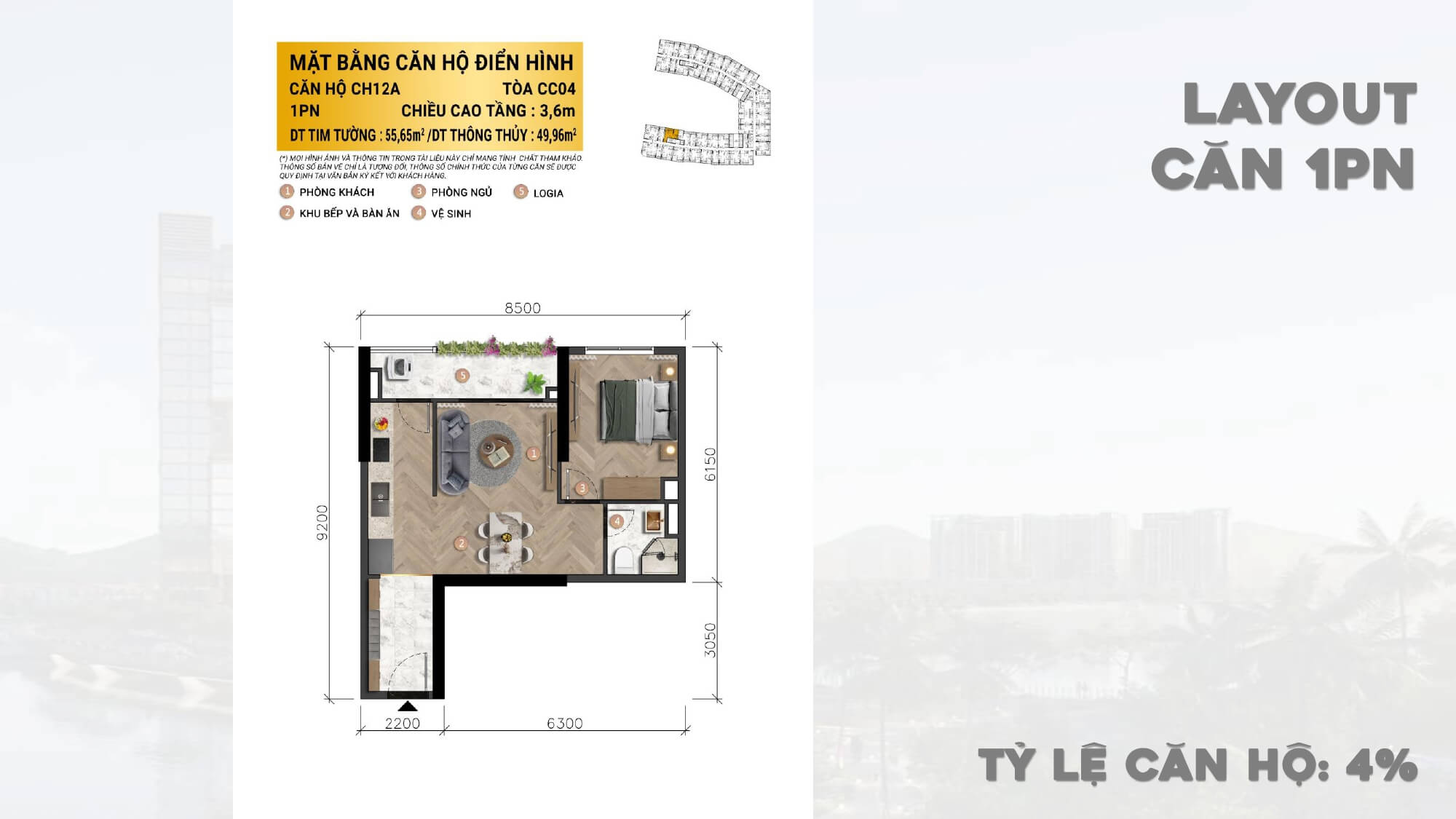 căn hộ 1 phòng ngủ