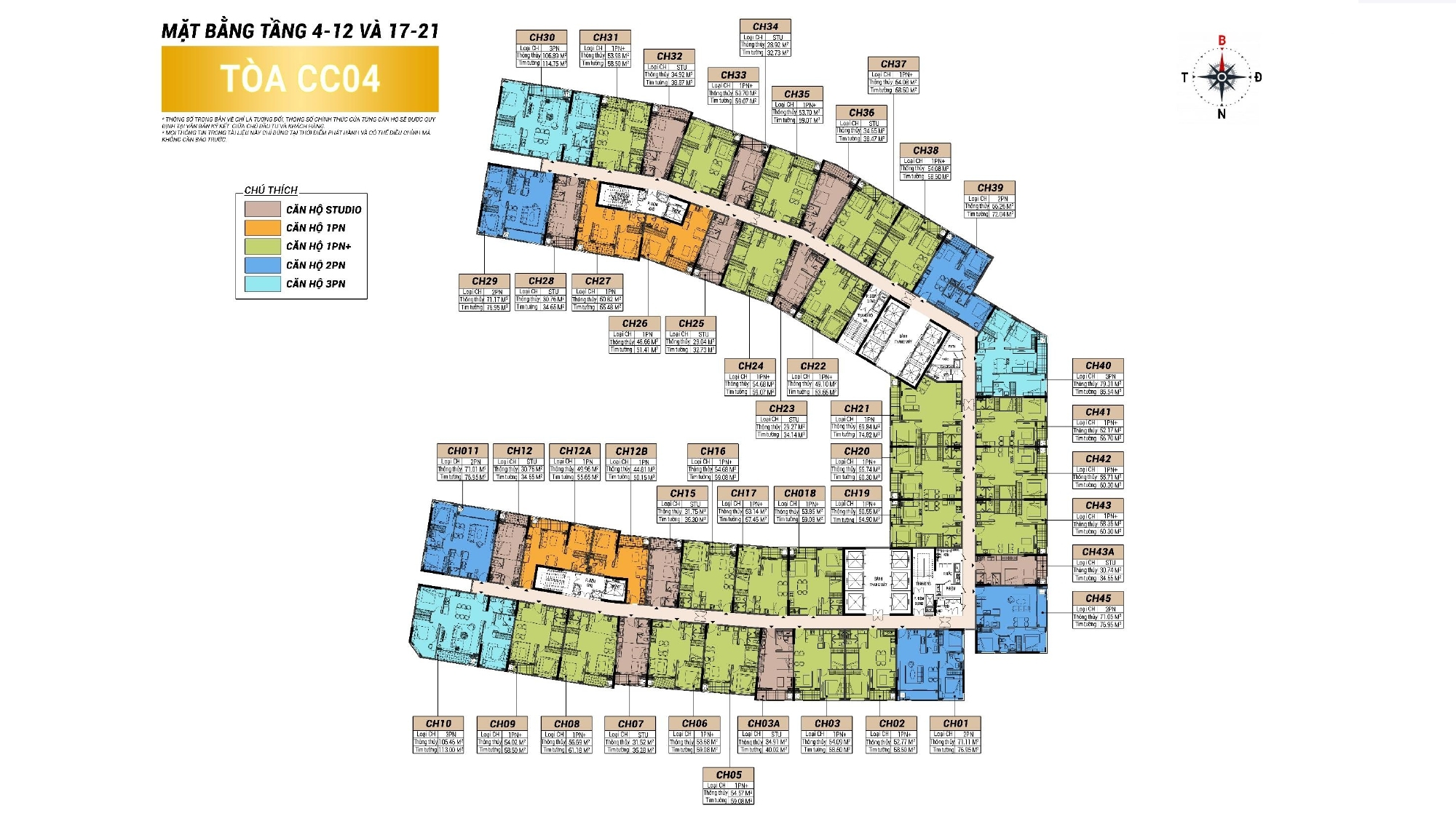 Sơ đồ mặt bằng tầng căn hộ tòa CC04 tại Charmora City